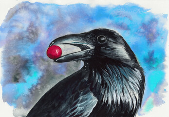 Watercolor picture of a black raven with red berry in its beak
