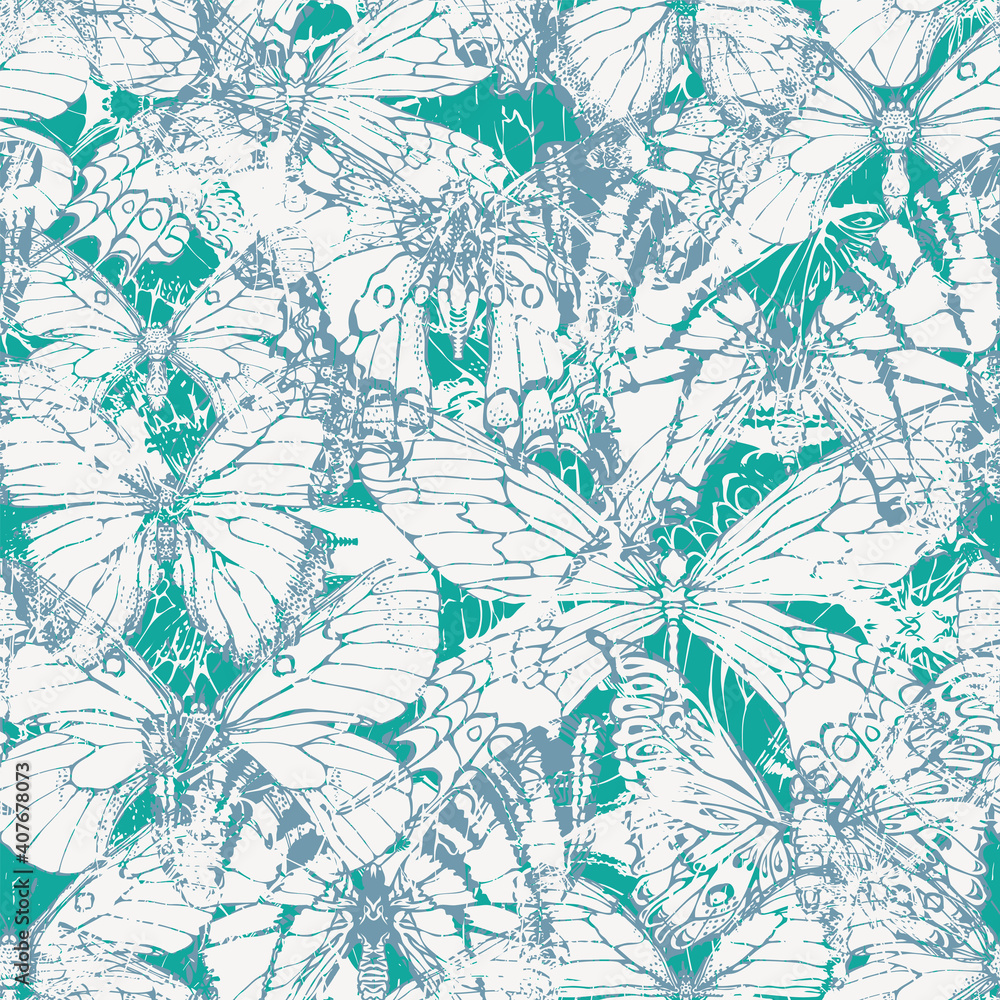 Poster monochrome seamless pattern with butterflies in grunge style on an emerald backdrop. abstract vector