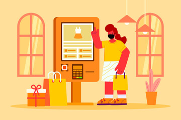 Woman After Shopping Paying Using Self Service Kiosk. Social Distancing in The New Normal to Prevent Coronavirus