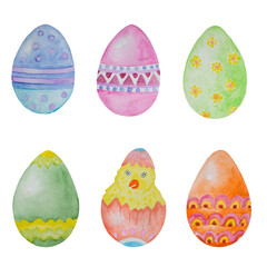 Watercolor set with easter eggs and chicken.