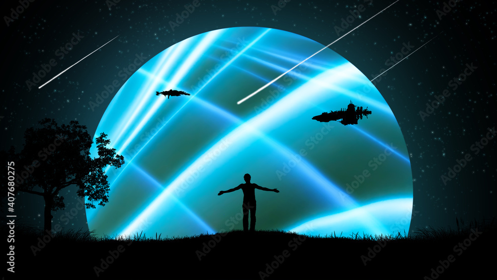 Wall mural a man at night outdoors with his hands apart, raised to the air against the background of the starry