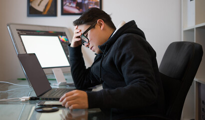 man with stress, motion stress on home office, Frustrated young on smart working
