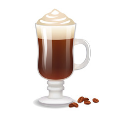 Glass cup of Irish coffee with  coffee beans   illustration