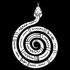 Vector snake silhouette isolated on the dark background with tribal, ethnic ornament. Snake in a spiral. Icon, symbol, logo. Reptiles