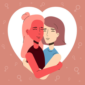 Cute lesbian couple inside a heart shape. Two woman hugging each other. Saint Valentines day card with happy lesbian couple. Flat vector illustration.