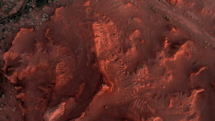 Martian landscape, Flaming Cliffs aerial view in the Gobi Desert. Scorched earth where the remains of dinosaurs rest, and the layings of their eggs. Mongolia. Canyon Herman-Tsav © EvgeniyQW