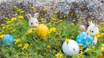 Rabbit Finds Eggs for Easter at Yellow Flower Garden