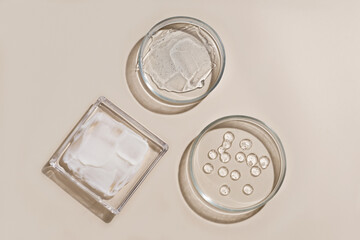 Drops and smears of various cosmetics. Assortment of cosmetics hyaluronic acid drops, cream and gel smears.