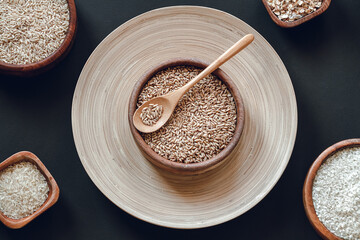 A cereals in wooden bowls  top view