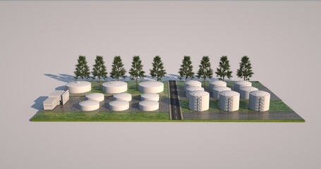 3d model of factory and plant area, construction project. Volumetric design elements, arrangement of buildings, boilers and planting.