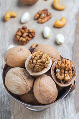 close up walnuts with blurred background