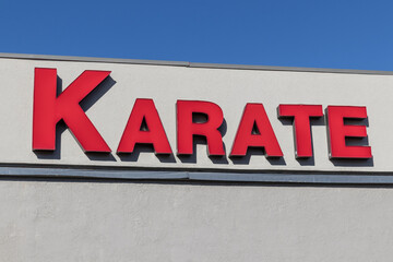Karate sign above a dojo. Karate builds stamina and overall health.