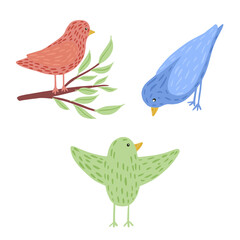 Set birds isolated on white background. Cute character in different poses and colors: on twig, peck, flying, pink, blue, green. Funny birds in doodle style.