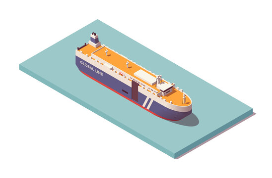 Isometric Roll on roll of vessel. Low poly ro-ro ship. Vector illustrator. Collection