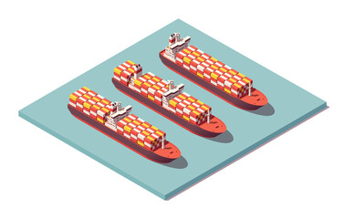 Isometric containerships vessels set. Low poly container ships. Vector illustrator. Collection