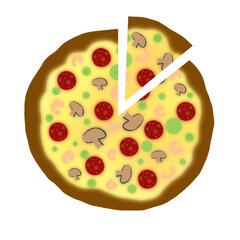 Big delicious pizza with sausage and shrimp, top view.