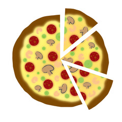 Big delicious pizza with sausage and shrimp, top view.