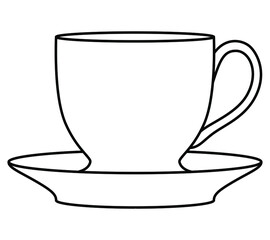 Uncolored line art illustration of cup and dish with hot drink. Tea or coffee mug with small plate. Simple outline drawing logotype or icon design for cafe or restaurant. 