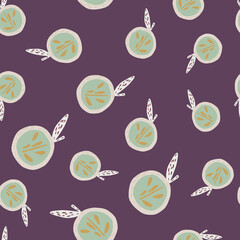 Random seamless abstract pattern with pastel green apples elements. Purple background. Simple design.