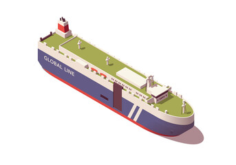 Isometric Roll on roll of vessel. Low poly ro-ro ship. Vector illustrator. Collection