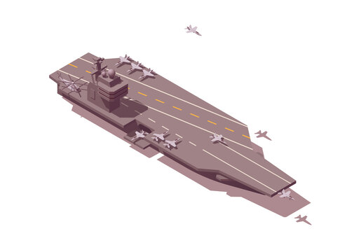 Isometric Aircraft Carrier Vessel. Low Poly Navy Ship With Fighters. Vector Illustrator. Collection