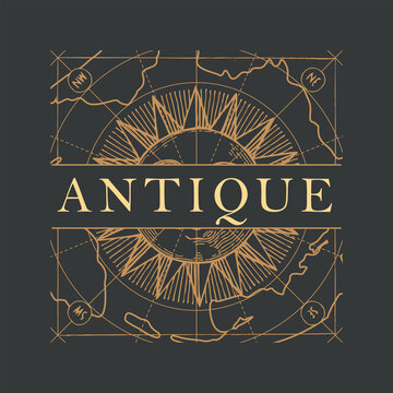 Vector banner or logo for an antique store with an ornate inscription ANTIQUE, hand-drawn sun and a map in vintage style on a black background. Suitable for signage, flyer, label, design element