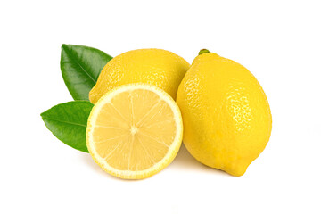 Lemon with half and leaves on white background.