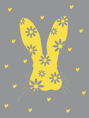 Cute hare with big ears on a postcard for Easter Day. Happy Easter. Illuminating and Ultimate gray