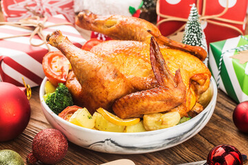 roasted whole chicken with christmas decoration