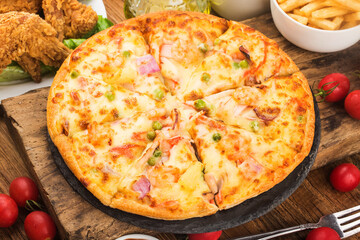 tasty fresh pizza with seafood table