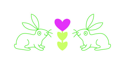 Valentine day vector doodle illustration isolated on white background for greeting card .Two happy rabbits in love with flower and heart. Love and romance symbol.