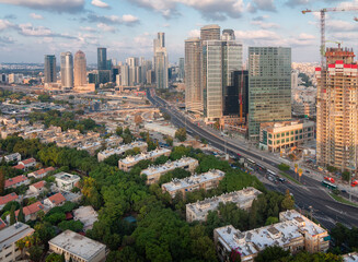 Tel Aviv-Yafo, Israel - September 23, 2020: Tel Aviv and Ramat Gan aerial view. Modern skyscrapers...