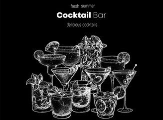 Alcoholic cocktails sketch. Hand drawn vector illustration. Hand drawn drinks illustration. Cocktails set. Menu design elements.