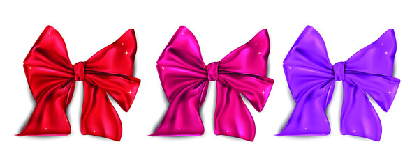 Collection of satin bows purple, red and crimson color isolated on a white background. Bright bows for decoration. Vector illustration