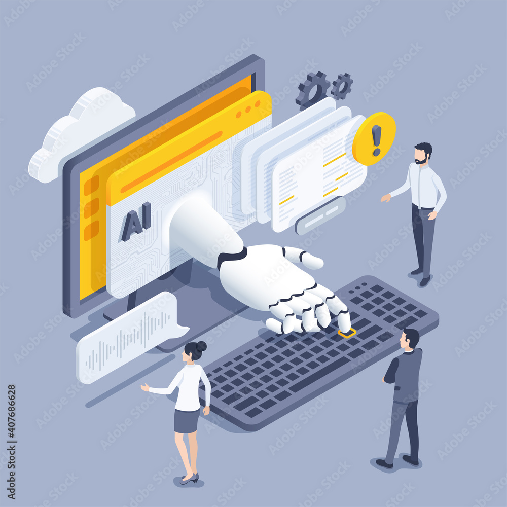 Poster isometric vector illustration on a gray background, the robot hand presses the keyboard button from 