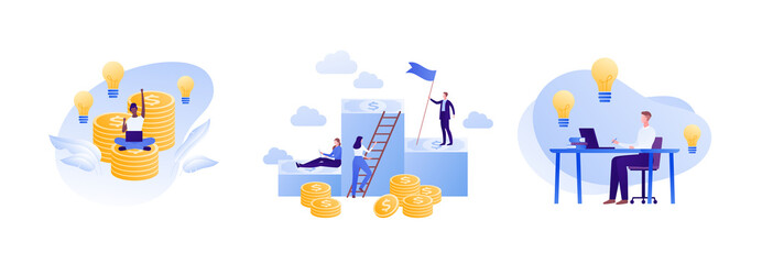 Business idea and finance success concept. Vector flat people illustration set. Male and female employee. Lightbulb inspiration and stack of money profit symbol. Man and woman sitting with laptop.