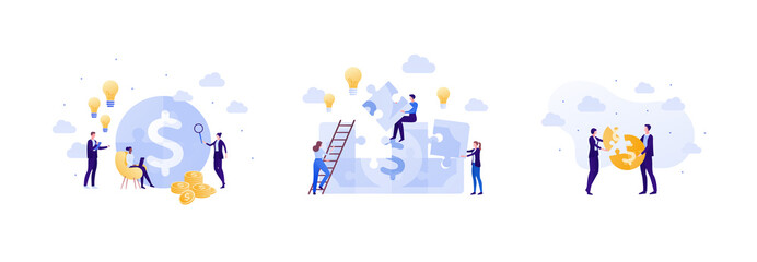 Business idea and finance success concept. Vector flat people illustration set. Jigsaw puzzle with dollar currency sign. Businessman and busineswoman in suit. Team make money symbol.