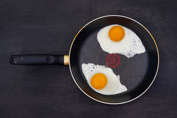 Two fried eggs in a frying pan on a dark wooden background.