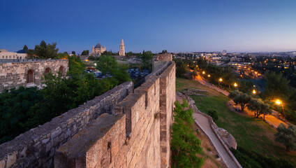 Jerusalem: Abbey of the dormition, night panorama from Old City Wall