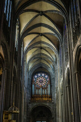 Clermont-Ferrand, France - September 17th, 2019: Inside Notre de L'Assomption Cathedral, a majectic 13th century gothic cathedral built in volcanic stone in the historic center of Clermont Ferrand.