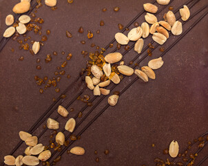 texture of chocolate cake with nuts and caramel.