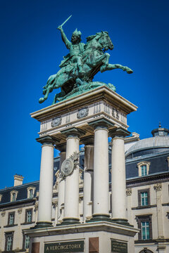 Bronze statue of the gallic hero Vercingetorix on the Jaude Square in the city of Clermont Ferrant, Auvergne (France)