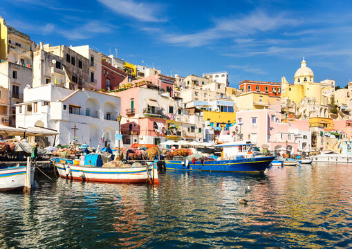 Procida island, Naples, Italy. The colorful harbour of La Corricella 