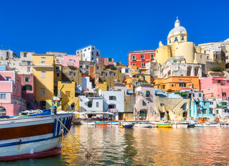 Fototapeta na wymiar Procida island, Naples, Italy. The colorful harbour of La Corricella 