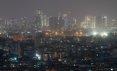 Tel Aviv city, Israel night panorama. Modern view of Gush Dan and suburbs. Jaffa, Ramat Gan and Bat...