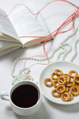 Light breakfast. Morning tea. Tea with dessert. Breakfast on a white tablecloth.
