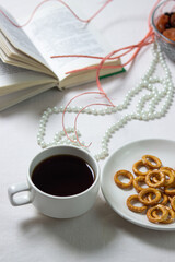 Light breakfast. Morning tea. Tea with dessert. Breakfast on a white tablecloth.