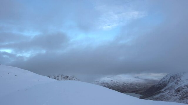 Blue hour mountain landscape with dark clouds and dull mountainside views