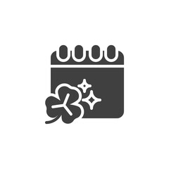 Saint Patrick day calendar vector icon. filled flat sign for mobile concept and web design. Calendar with Clover leaves glyph icon. Symbol, logo illustration. Vector graphics