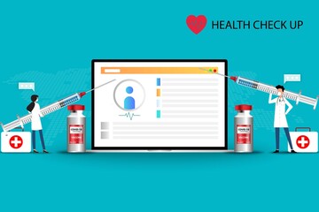 Concept of medical health check up, two doctors hold a big syringe that contain vaccine of corona virus to treat the patients.